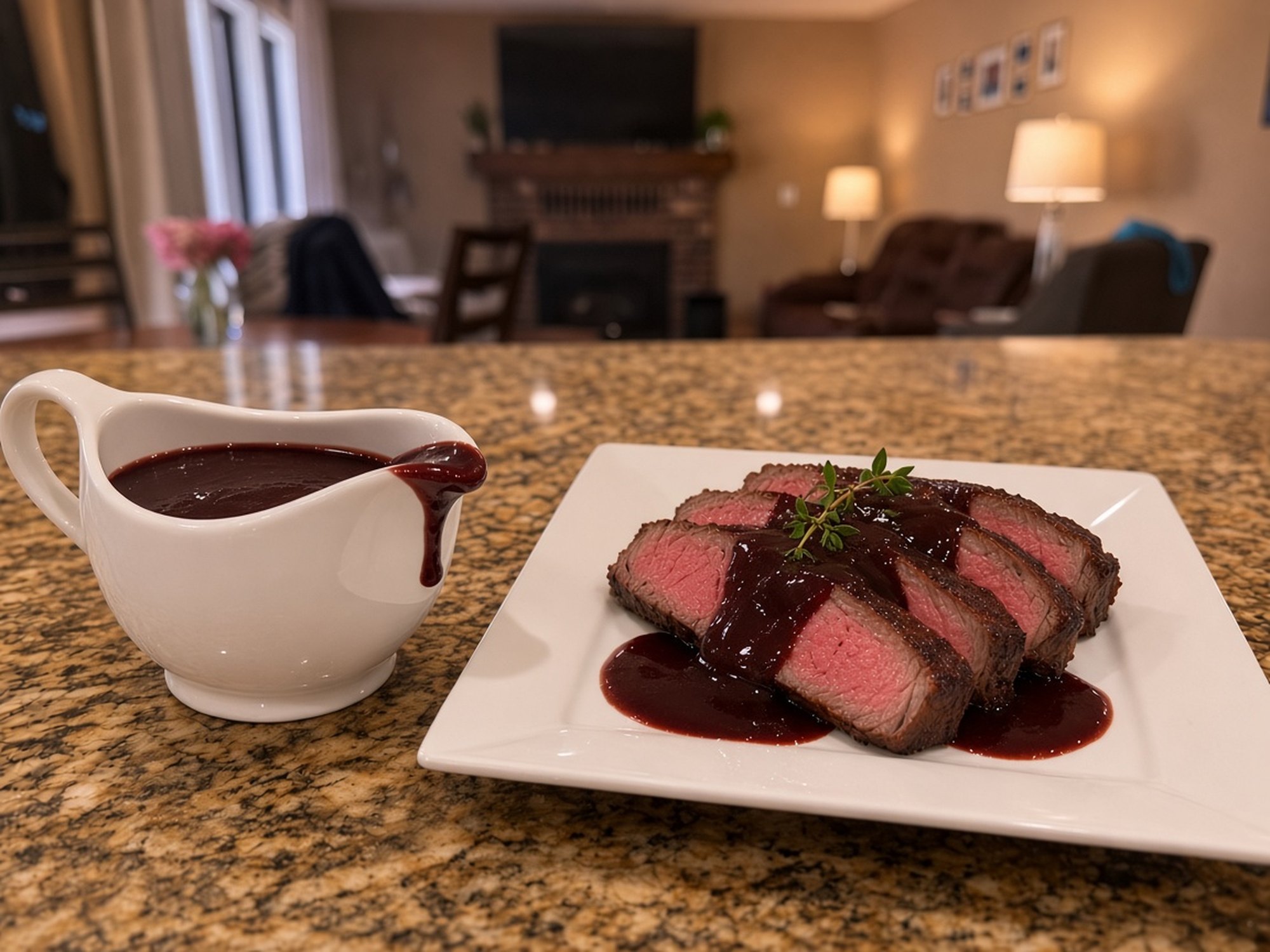 Glossy dark red-wine Bordeaux sauce in a white gravy boat beside sliced medium-rare seared steak topped with the sauce and a sprig of fresh thyme on a white square plate, on a speckled granite countertop