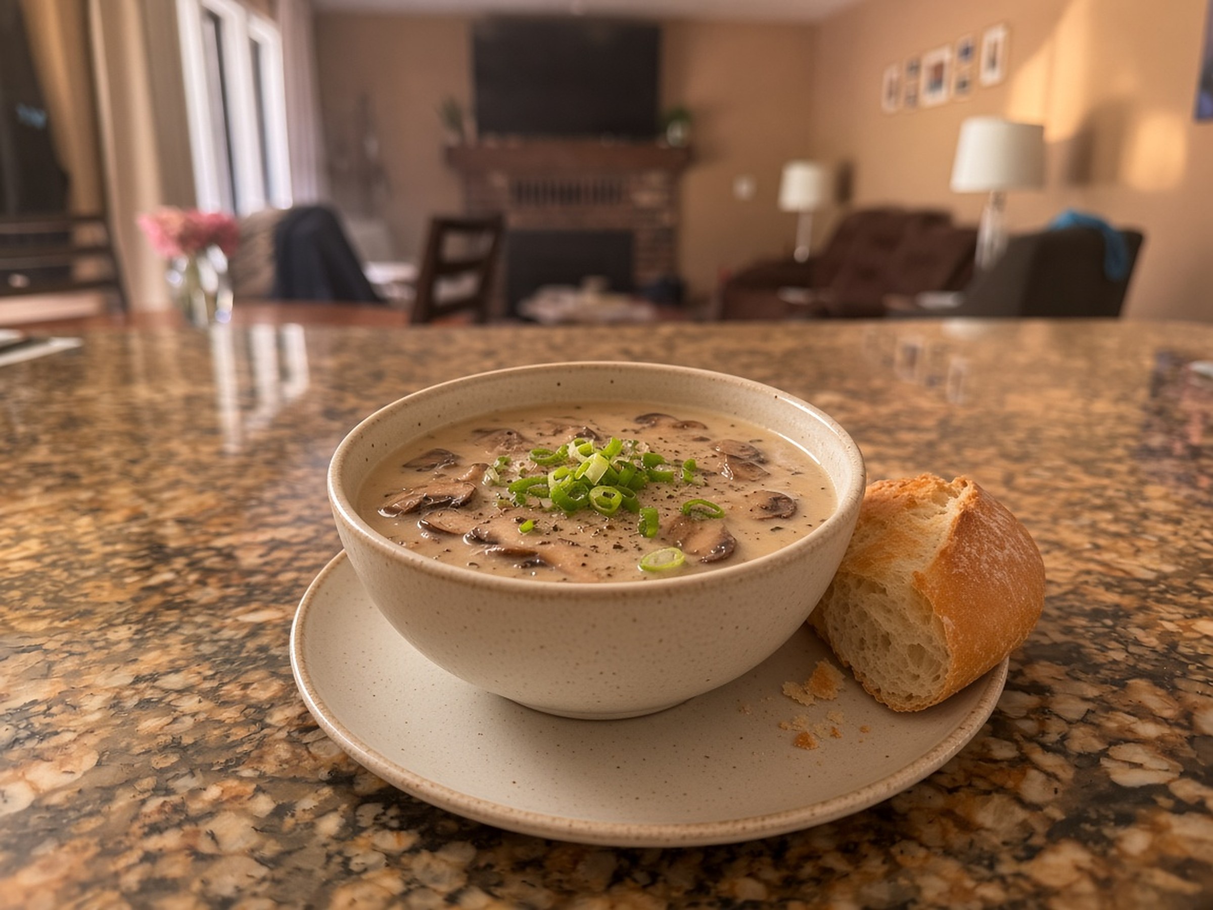 A speckled oatmeal-beige stoneware bowl of pale tan cream of mushroom soup with sliced mushrooms, green onions and cracked pepper, on a matching saucer with a crusty roll and a few crumbs, on a speckled granite counter with a softly blurred living room behind