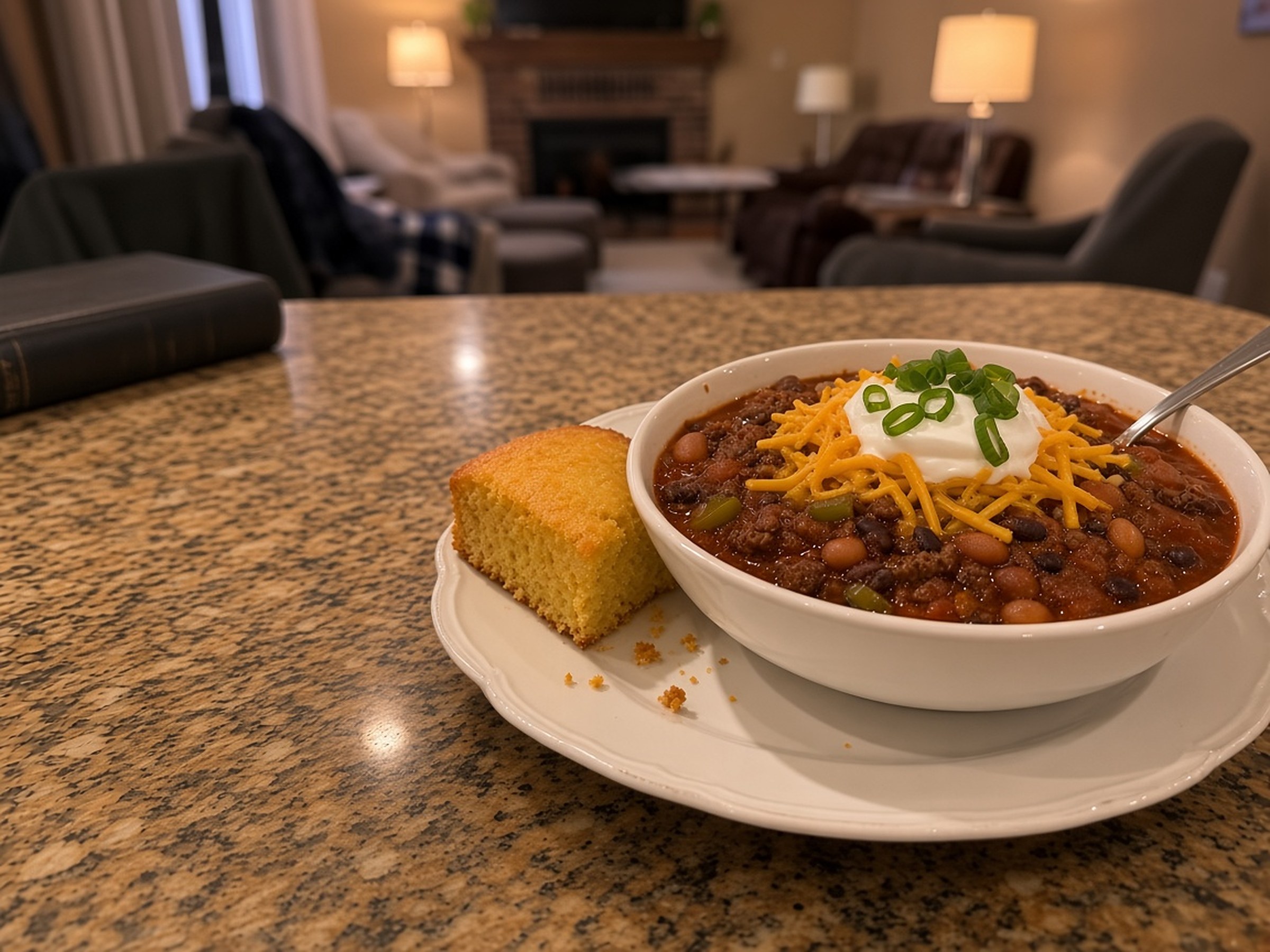 A white bowl of two-bean beef chili with pinto and black beans, topped with shredded cheddar, a dollop of sour cream and sliced green onions, on a white plate with a wedge of cornbread, on a speckled granite counter with a closed Bible and a softly blurred living room in the background